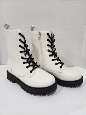 Size 2 - Art Class Girls White Black Lace Up Combat Ankle Boots Chunky Goth